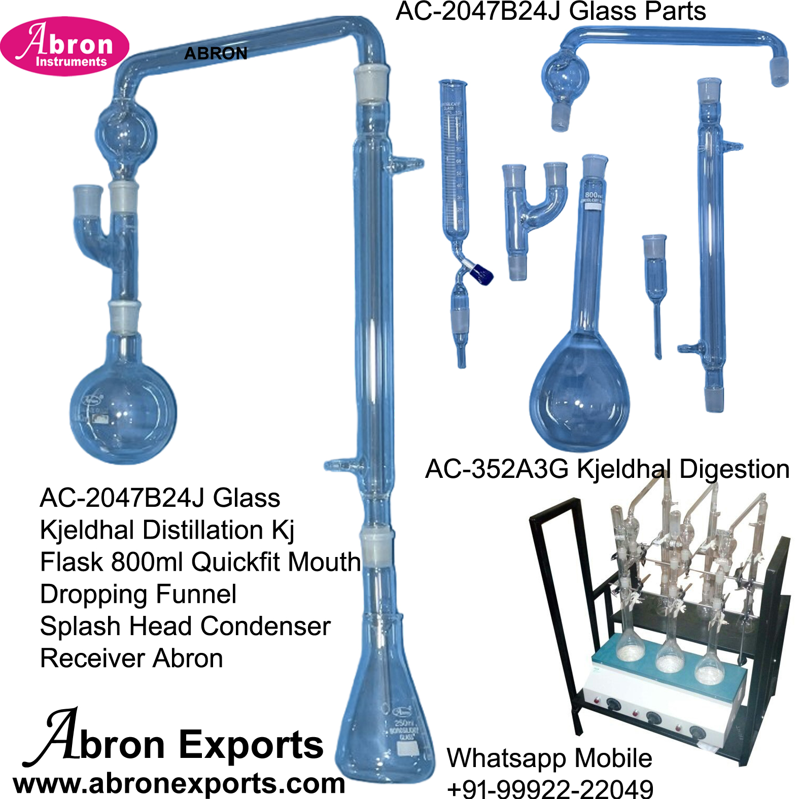 Glass Kjeldhal Distillation RB Flask 500ml Quickfit Mouth Splash Head Condenser Receiver Conical Abron AC-2046B24C 